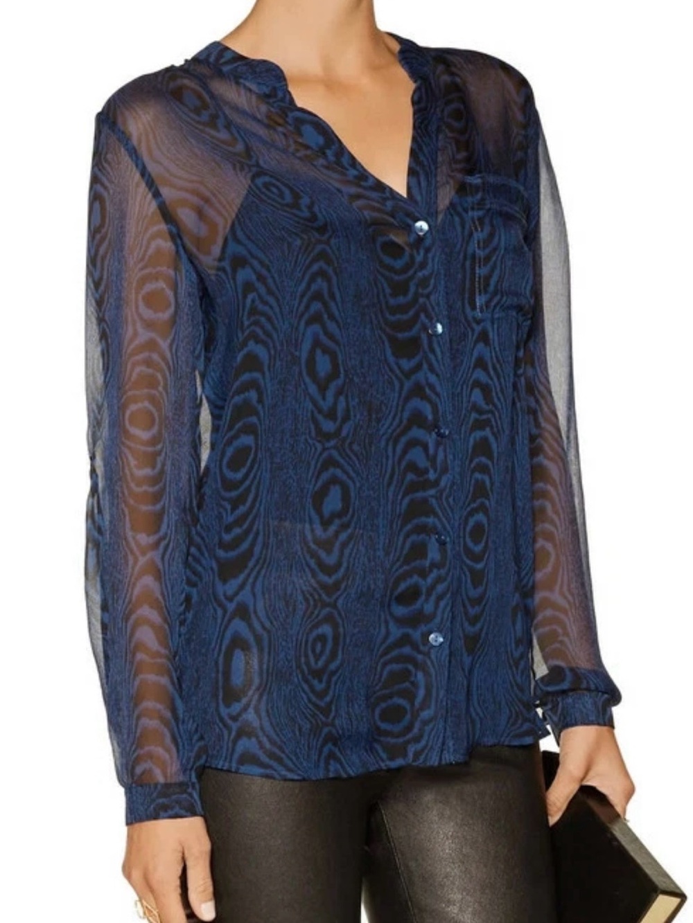 Diane Von Furstenberg Gilmore Silk Sheer Navy Blue Long Sleeve Blouse 12
